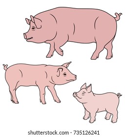 Big Pig, Sow And Piglet, Cartoon Vector Illustrations Isolated On The White Background