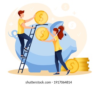 Big piggy bank, man and woman are putting coin in piggy bank, stack of gold coins. Bank, budget, finance, money savings concept. Isolated vector illustration for flyer, poster, banner, advertising. 