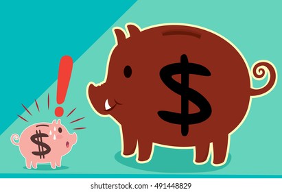 Big piggy bank and small piggy bank, vector illustration cartoon