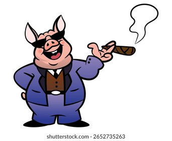 Big Piggy Cartoon characters wearing formal suit and sunglasses, smoking cigar like a Boss. Best for sticker, logo, and mascot with business themes