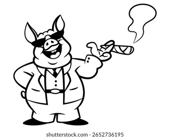 Big Piggy Cartoon characters wearing formal suit and sunglasses, smoking cigar like a Boss. Best for outline, logo, and coloring book with business themes
