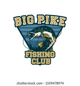 big pike fishing club, northern pike for logo badge symbol vintage retro fishing team