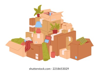 Big pile of cardboard boxes and household objects, flat vector illustration isolated on white background. Concept of moving to new home. Books, lamp, plant, blanket and pillow packed in carton boxes.