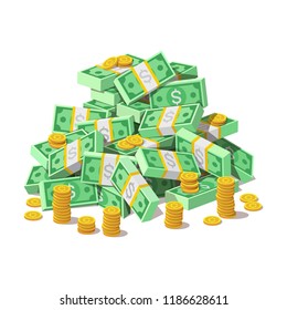 Big pile of cash money banknotes, american dollars and gold coins, cents. Currency, depository, bank, wealth, accumulation money isolated on white background. Vector illustration in flat style.