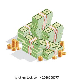 Big pile of cash money banknotes and gold coins, cents.