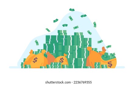 Big pile of cash. Money banknotes heap and bags. Green dollars. Currency stacks. Wealth and financial success. Lottery fortune. Savings and profit. Finance prosperity