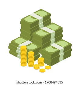 Big Pile Of Cash Money And Some Gold Coins. Vector Flat Style Illustration Isolated	