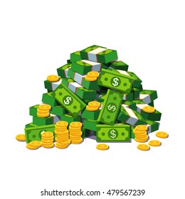 Big pile of cash money and some gold coins. Heap of packed dollar bills. Flat style modern vector illustration isolated on white background.