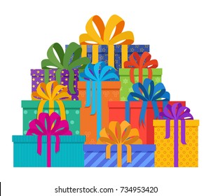 Big pile of christmas gifts in holiday packages with colored paper and bowknots. Christmas holiday presents designed in flat style. Mountain of beautiful gifts. Vector illustration.