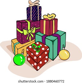Big pile of colorful gift boxes 3D. Lots of presents. Beautiful present box. Flat style vector illustration. Isolated on white.