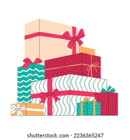 Big pile of colorful gift boxes. Mountain of Christmas or birthday presents. Trendy flat vector cartoon illustration isolated on white background.