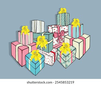 Big pile of colorful gift boxes . Presents with a ribbon tied around the bottom.