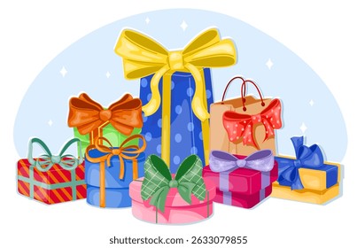 Big pile colorful gift boxes with ribbon bows in wrapping paper. Holiday presents heap. Birthday anniversary congratulation. Christmas party celebration. Festive bags and containers. Vector concept