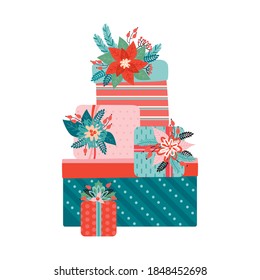 Big pile of colorful Gifts with a bows is decorated with Christmas floral elements. Happy Christmas and new year. Poinsettia, Needles, flowers, leaves, berries. Trendy retro style. Vector illustration