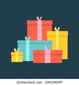 Big pile of colorful wrapped gift boxes. Big pile of presents, surprises. isolated on dark background