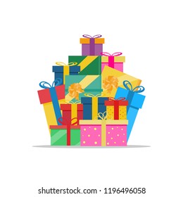 Big Pile Of Colorful Wrapped Gift Boxes.  Lots Of Presents.  Flat Style Vector Illustration Isolated On A White Background.