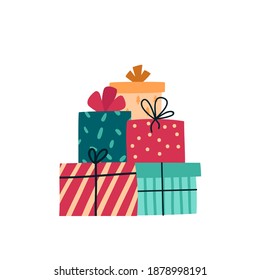 Big pile of colorful wrapped gift boxes isolated on a white background. Festive boxes of present with ribbon bow. Flat cartoon vector illustration.