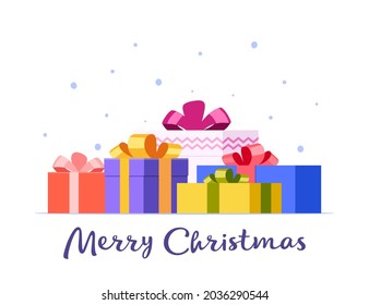Big pile of colorful wrapped gift boxes and inscription Merry Christmas. Flat style vector concept holiday illustration Isolated on white background