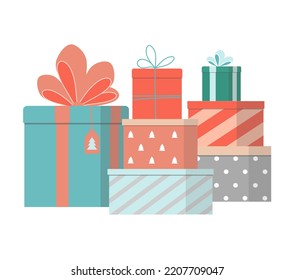 Big pile of colorful wrapped gift boxes. Stack of different presents for Christmas holiday. Flat vector illustration isolated on white background. 