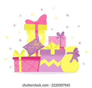 Big pile of colorful wrapped gift boxes with bows. Boxes in wrapping paper different shapes and sizes. Mountain gifts set. Celebrating holidays, giving presents at event. Vector illustration