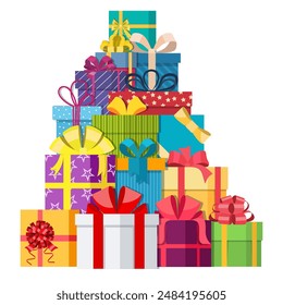 Big pile of colorful wrapped gift boxes. Mountain gifts. Gift box icon. Christmas gift box. Vector illustration in a flat style