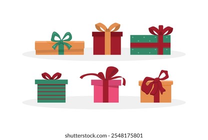 Big pile of colorful wrapped gift boxes. Lots of presents. Flat style vector illustration isolated on white background.