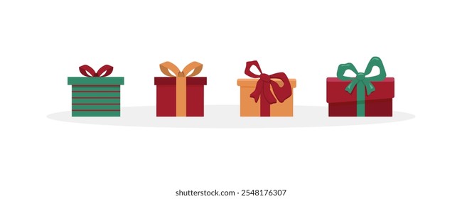 Grande pilha de caixas de presente embrulhado colorido. Muitos presentes. Ilustração de vetor de estilo plano isolada no plano de fundo branco.