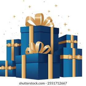 Big pile of colorful wrapped gift boxes. Lots of presents in blue and gold. Flat style vector illustration.