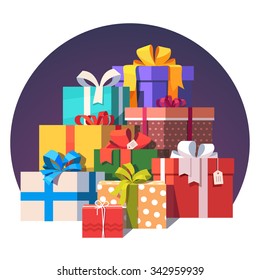 Big pile of colorful wrapped gift boxes. Lots of presents. Flat style vector illustration isolated on white background.