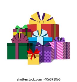 Big pile of colorful wrapped gift boxes. Lots of presents. Flat style. Christmas surprises, ribbons and bow isolated on white background. Symbol birthday, anniversary, celebration. Vector illustration