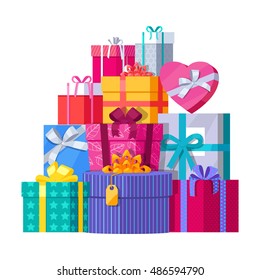 Big pile of colorful wrapped gift boxes. Mountain gifts. Beautiful present box with overwhelming bow. Gift box icon. Gift symbol. Christmas gift box. Isolated vector illustration