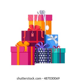 Big pile of colorful wrapped gift boxes. Mountain gifts. Beautiful present box with overwhelming bow. Gift box icon. Gift symbol. Christmas gift box. Isolated vector illustration