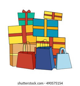 Big pile of colorful wrapped gift boxes. Mountain gifts near shopping bags. Beautiful present box with overwhelming bow. Gift box icon. Gift symbol. Christmas gift box. Isolated vector illustration