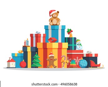 Big pile of colorful wrapped gift boxes and toys, Christmas balls, candy, candles, Gingerbread man, tree, bear in Santa hat. Flat style vector concept holiday illustration Isolated on white background