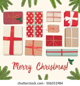 Big pile of colorful wrapped gift boxes. Lots of presents. Flat style vector illustration isolated on white background.