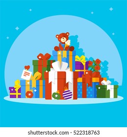 Big pile of colorful wrapped gift boxes. Lots of presents with a teddy bear and Christmas decorations. Flat vector illustration on blue background.