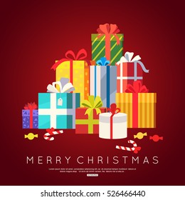 Big pile of colorful wrapped gift boxes for Christmas greeting card. Vector illustration