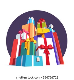 Big pile of colorful wrapped gift boxes decorated with ribbon and bows. Lots of holiday presents. Flat style vector illustration isolated on white background.