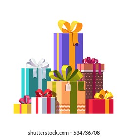 Big pile of colorful wrapped gift boxes decorated with ribbon, bows and ornaments. Lots of holiday presents. Flat style vector illustration isolated on white background.
