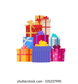 Big pile of colorful wrapped gift boxes. Gift symbol. Christmas gift box. Isolated vector illustration