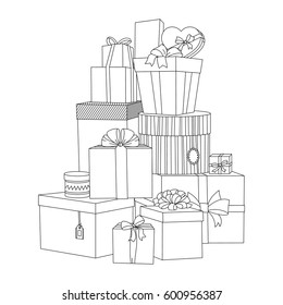 Big Pile Of Colorful Wrapped Gift Boxes. Beautiful Box. Gift Box. Isolated Vector Present Illustration. Adult Coloring Book