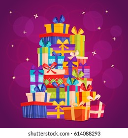 Big pile of colorful wrapped gift boxes. Lots of presents. Mountain gifts set. Beautiful present box with overwhelming bow. Present box icons set in modern flat style.