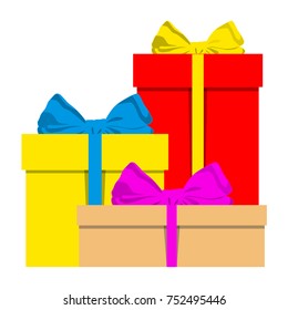 Big pile of colorful wrapped gift boxes holiday new year poster.  Bright colorful flat vector Icon logo isolated on white background. Illustration can be used as sticker, badge, sign, stamp, logo