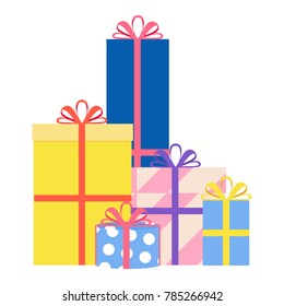 Big pile of colorful wrapped gift boxes. Lots of presents. Flat style vector illustration isolated on blue background.
