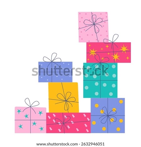 Big pile of colorful wrapped gift boxes. A mountain of gifts. Many gift boxes.Big stack of christmas presents. Decorative stylish wrap for presents package on boxes with ribbons and bows
