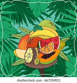 Big pile of different, nicely cut tropical fruits, such as orange, papaya, pineapple, beautifully lying on wooden table. Natural background. Realistic hand drawn style. Vector illustration