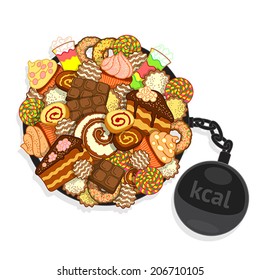 Big pile of different sweets and confectionery, and shackles with ball-shaped weight