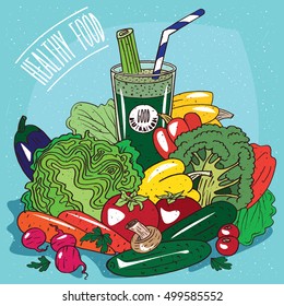 Big pile of different vegetables, such as Broccoli, Cabbage, Bell Pepper, Cucumber, Tomatoes, Carrots, Radish, and glass of green vegetable juice. Healthy Food Concept. Vector illustration