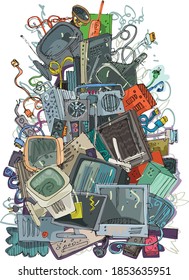 A Big Pile Of Electronic Trash. Old And Obsolete Component And Hardware Pollute Environment. Handmade Sketch. Caricature.