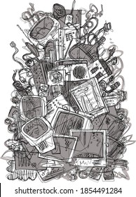 A big pile of electronic trash. Old and obsolete component and hardware pollute environment. Handmade sketch. Caricature.